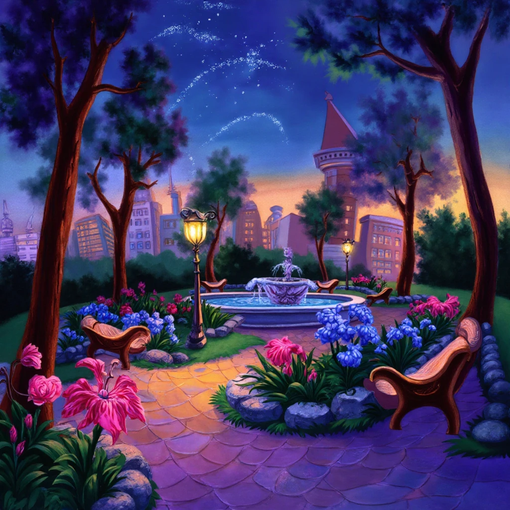 The image is a vibrant, whimsical digital illustration depicting an enchanting urban park during twilight. The foreground features a meandering cobblestone path that glows under streetlamps shaped like crescent moons. The path is lined with fluorescent pink and blue flowers that seem to emit a soft, ethereal light. A small, ornate fountain at the center of the park sprays glittering water droplets that catch the failing light. To the left, a series of whimsical benches and lamp-posts curve unexpectedly, adding a playful twist to the scene. In the background, the silhouettes of tall buildings are seen, but with a twist of glowing windows and rooftops covered in lush green gardens, all under a sky transitioning from sunset orange to deep twilight blue, speckled with the first stars of the evening.