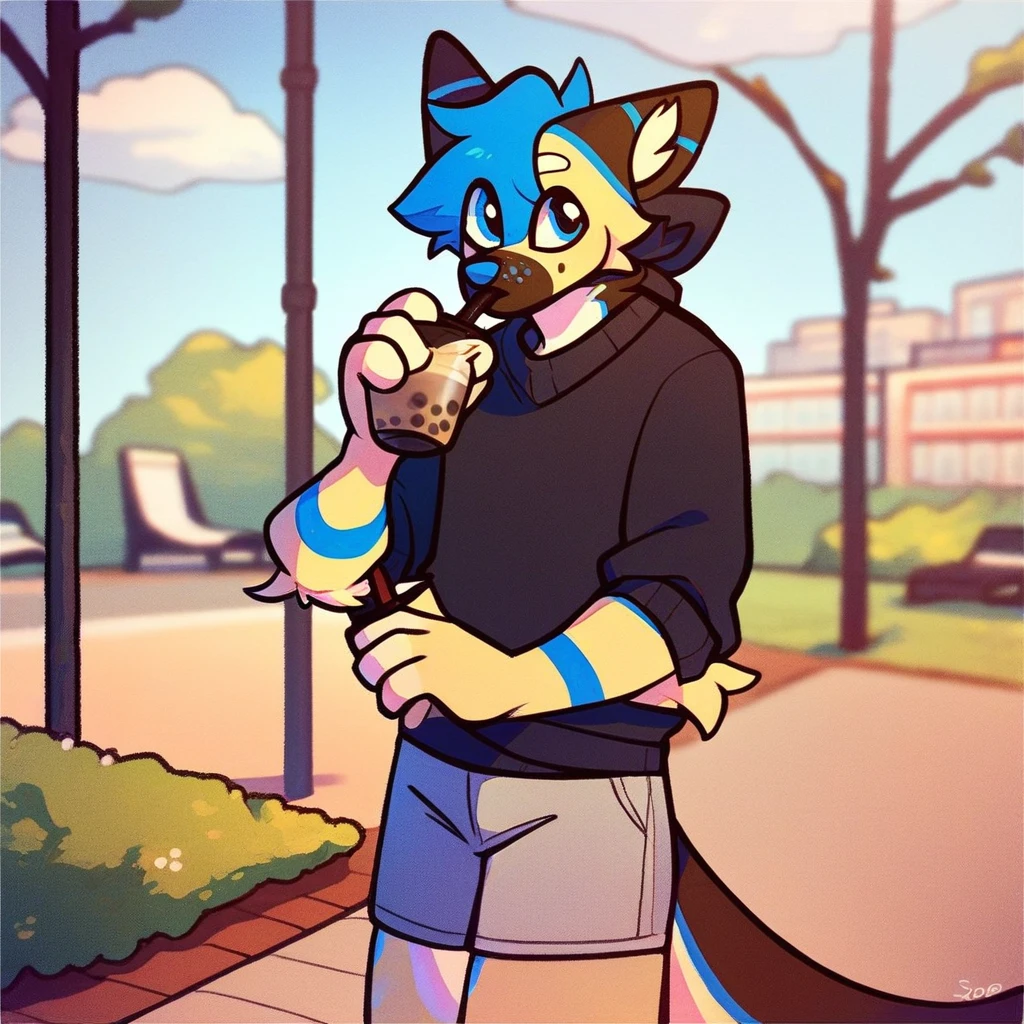 score_9_up, score_8_up, score_7_up, source_furry, mikus-sona, blue eyes, blue hair, cream fur, furry, 1boy, solo, park, holding, bubble tea, black sweater, gray shorts