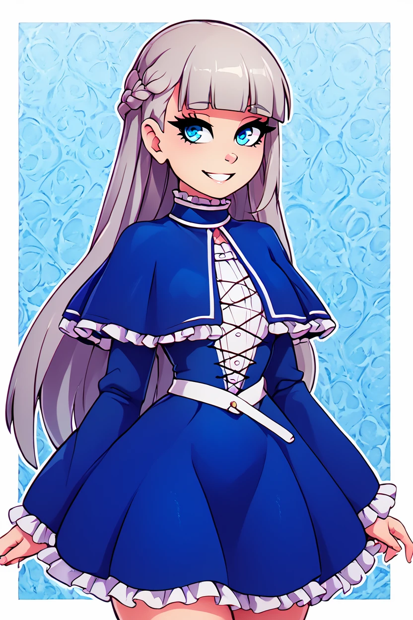 score_9, score_8_up, score_8, medium breasts, (curvy), cute, eyelashes,       BREAK, , zzLawine, long hair, braid, blue eyes, blunt bangs, grey hair, french braid, blue capelet, blue dress, long sleeves, frilled capelet,  <lora:LawineFrieren_PDXL_v1:0.8>, , BREAK, smile, looking at viewer, ,,, abstract background, white outline, cowboy shot, ,,, embedding:zPDXL, Expressiveh, ,,, <lora:theOtherHalfPDXL:0.8>, <lora:CatalystStylePDXL:0.6>, <lora:SDXLFaeTastic2400:0.5>, <lora:Expressive_H-000001:0.4>,