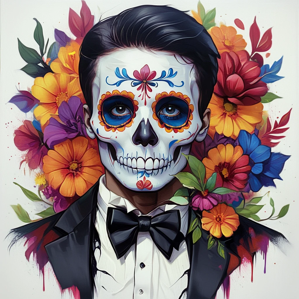 <lora:Vibrant_Calavera_r1:1> ArsMJStyle, Vibrant Calavera, The image is a digital illustration of a man's face painted in a Day of the Dead style. The man is wearing a black tuxedo with a white shirt and a black bow tie. He has dark hair styled in a messy updo and is surrounded by colorful flowers and leaves. The background is white and the overall color scheme is predominantly red orange and yellow. The skull is painted in intricate details with blue and red accents on the eyes nose and mouth. The overall style of the illustration is reminiscent of the traditional sugar skull makeup., 1boy, solo, bowtie, male focus, bow, clown, flower, black hair, facepaint, black bowtie