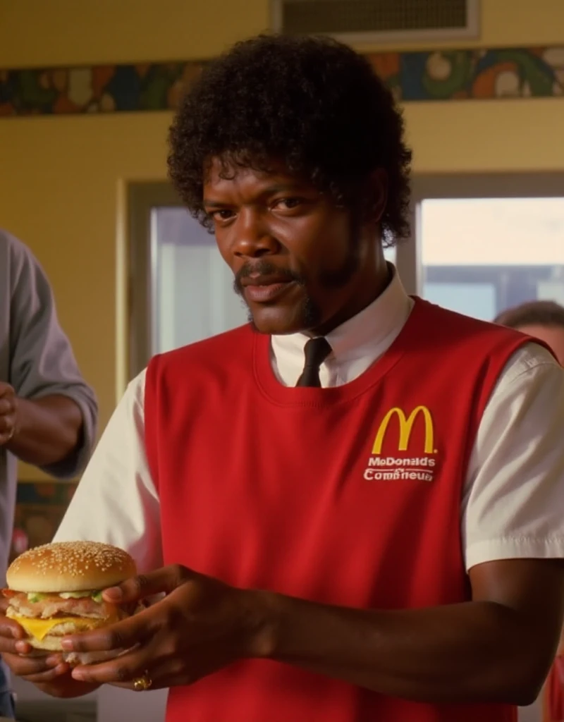 Jules Winnfield works a mcdonalds and wears a mcdonalds uniform. He serves hamburger and fries <lora:Jules_Winnfield:0.9>