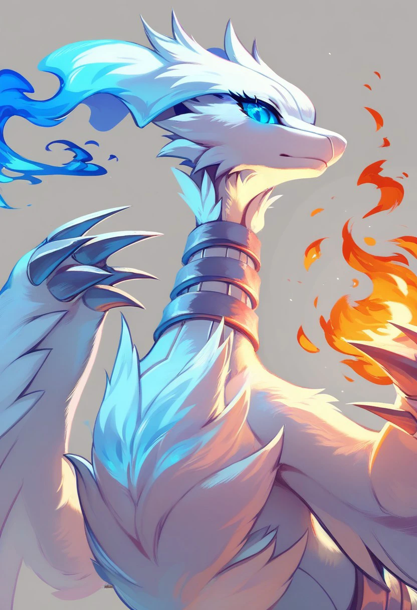 score_9, score_8_up, score_8, cute, eyelashes,   solo, detailed, eyes, 
Reshiram, blue eyes, blue fire, claws, fire, from below, grey background, no humans, simple background, glowing eyes,