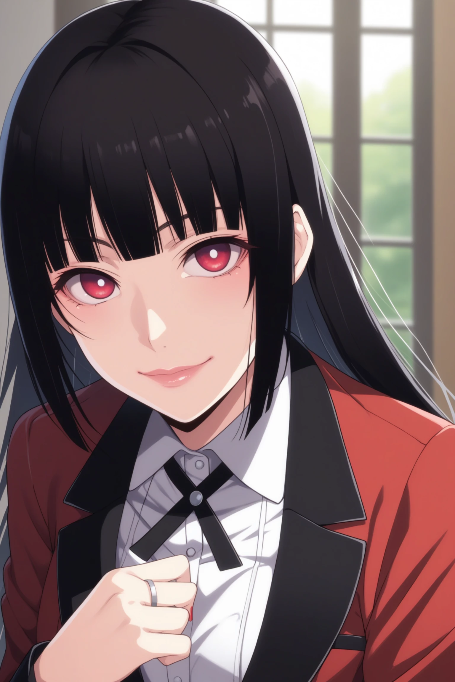 jabami yumeko, long hair, black hair, bangs, himecut, red eyes, hyakkaou academy school uniform, long sleeves, red nails, nail poilsh, blazer, red jacket, suit jacket, white shirt, collared shirt, black neck ribbon, black skirt, plaid skirt, pleated skirt, black pantyhose, loafers, <lora:Yumeko_Jabami:0.8>, score_9, score_8_up, score_7_up, score_6_up, score_5_up, source_anime, rating_safe, medium breasts, indoors, 1girl, solo, looking at viewer, <lora:age_slider_v4:3>, (upper body:1.2)