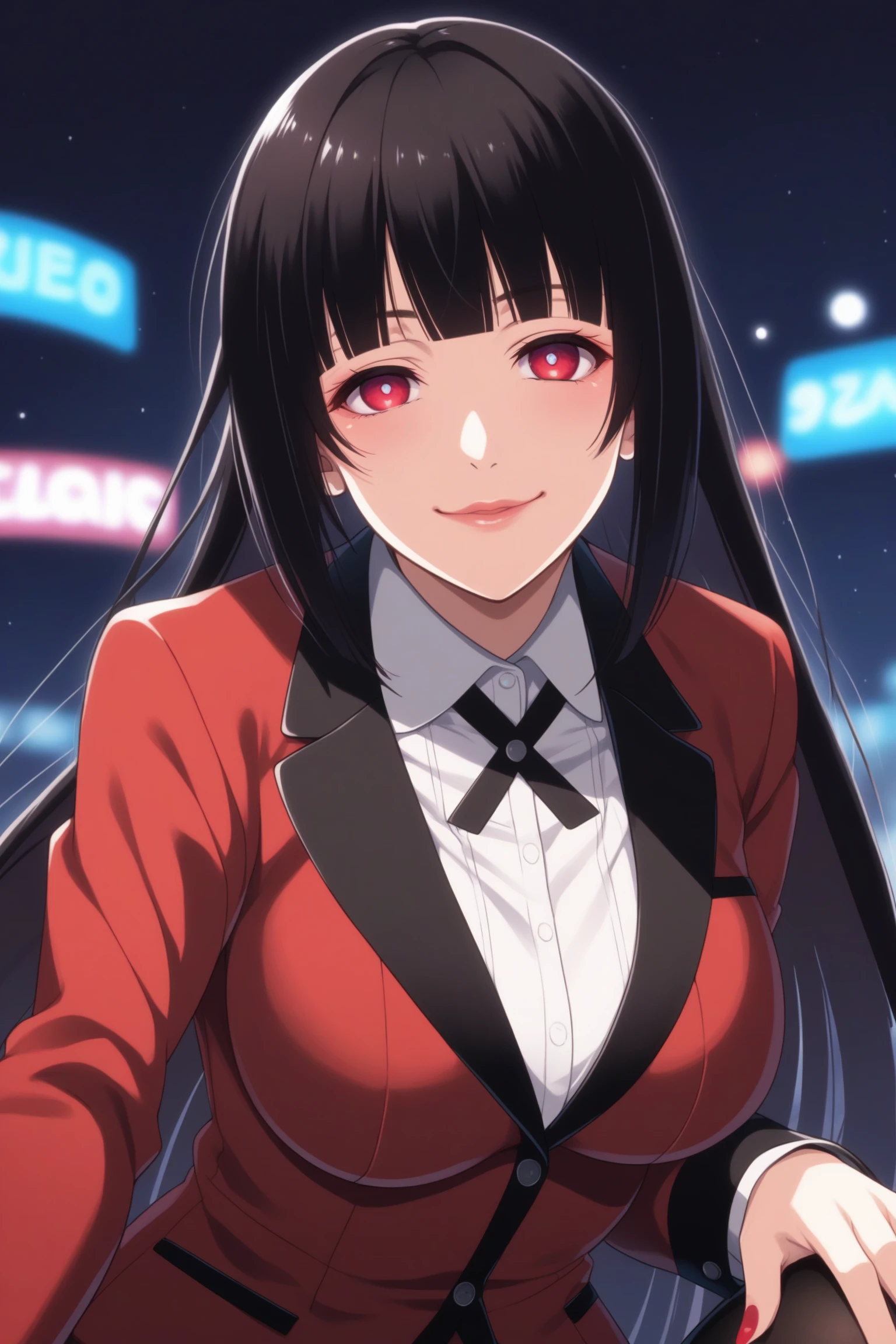 jabami yumeko, long hair, black hair, bangs, himecut, red eyes, hyakkaou academy school uniform, long sleeves, red nails, nail poilsh, blazer, red jacket, suit jacket, white shirt, collared shirt, black neck ribbon, black skirt, plaid skirt, pleated skirt, black pantyhose, loafers, <lora:Yumeko_Jabami:0.8>, score_9, score_8_up, score_7_up, score_6_up, score_5_up, source_anime, rating_safe, medium breasts, indoors, casino, 1girl, solo, looking at viewer, <lora:age_slider_v4:3>, (upper body:1.2)