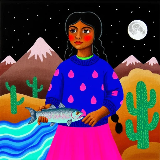 An indigenous dark skinned girl wearing a blue sweter with pink raindrop patterns and a pink skirt. She is holding a fish. She has black hair in two braids. There is a river with blue stripes. The earth is brown with mountains and cacti. The sky is black with stars and a full moon