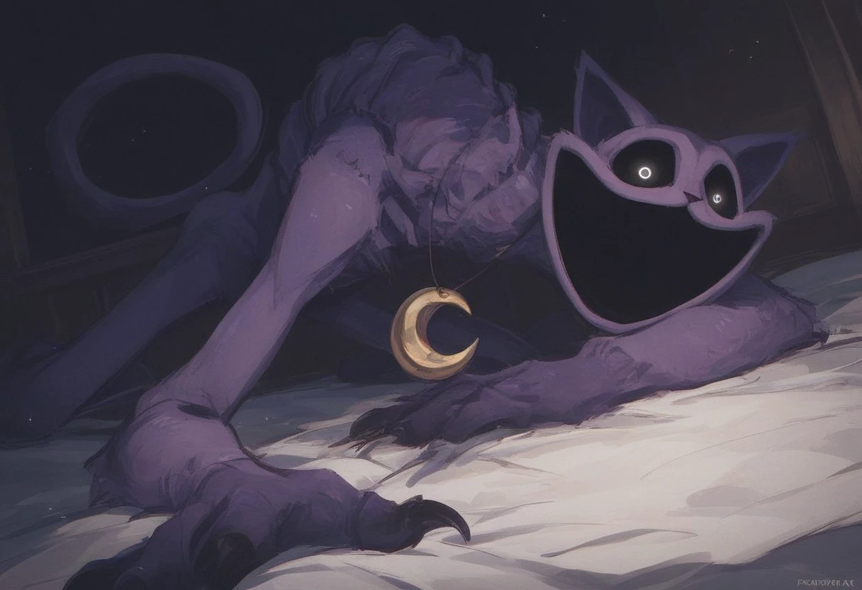 (score_9, score_8_up, score_7_up, score_6_up), 
monster, horror, purple fur, body stitched together, seams, long limbs, claws, golden crescent moon medallion, skinny, bony body, lying down, dark room, bedroom, dark night, gloomy atmosphere, CatNap, small glowing white eyes, large empty sockets, looms over the viewer