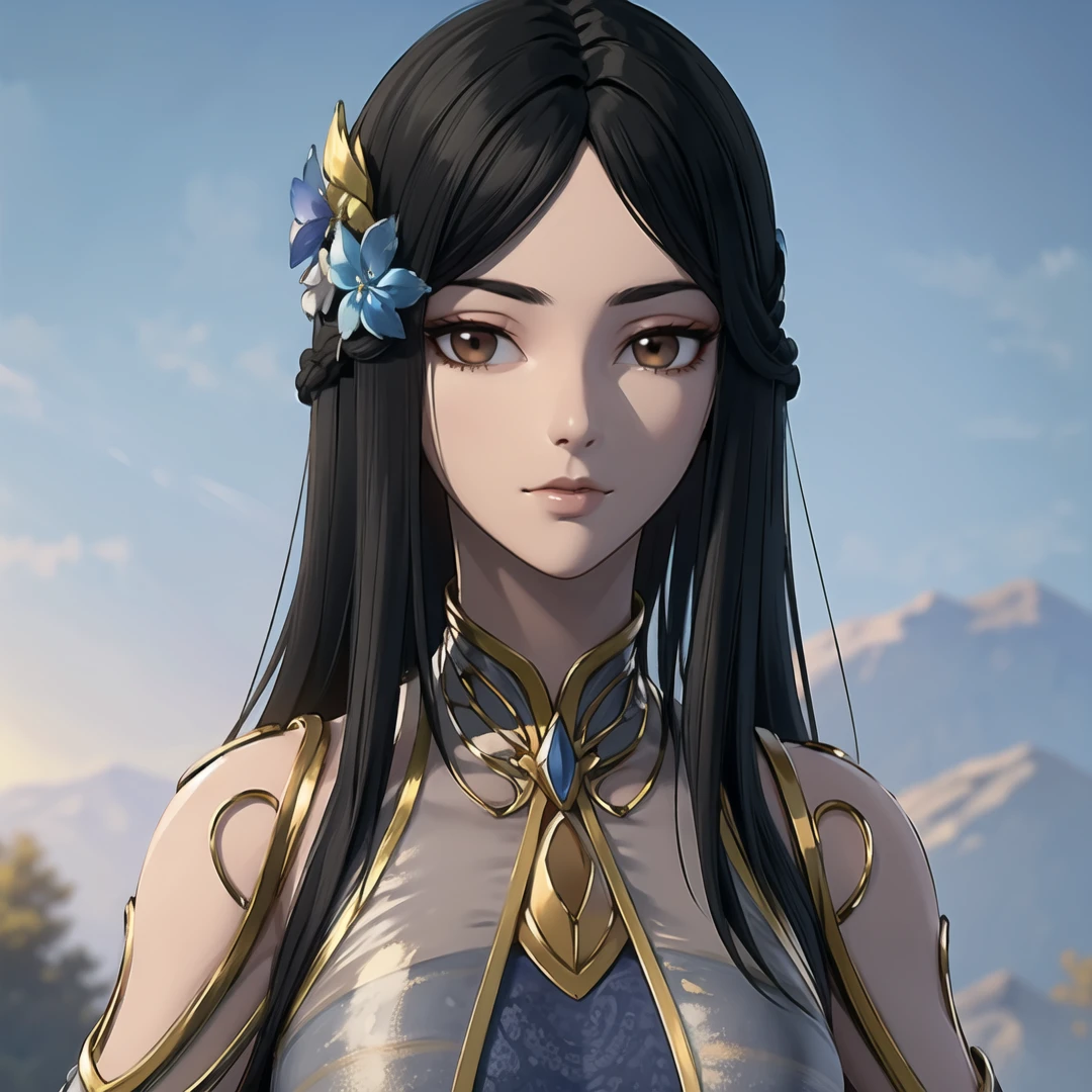 1girl,solo,long hair,black hair,hair ornament,hair flower,brown eyes,dress,(looking at viewer),outdoors,nature,day,sky,(sunlight),fantasy,scenery,((glowing)),blurry,portrait,Highly detailed,(ultra-detailed),(best quality,masterpiece:1.5),<lora:liufei:0.65>,