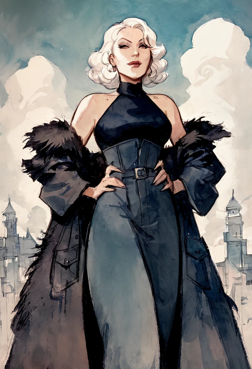 score_9, score_8_up, score_7_up, 1girl, mature_female, portrait, solo, Kneeling with hands on hips, perspective, (Black Long coat), white hair, cropped_shoulders, rating_safe, <lora:pony\artist_styles\enrico_marini_pony:1.0>