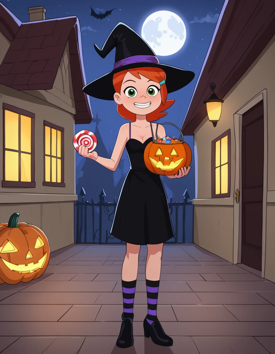 <lora:Gwen10_reboot_version_XLP:1> gwenreboot, 1girl, halloween, wearing a witch costume, pumpkin, candy, full moon, trick or treat, standing at a doorstep, smiling, holding out a bucket of candy