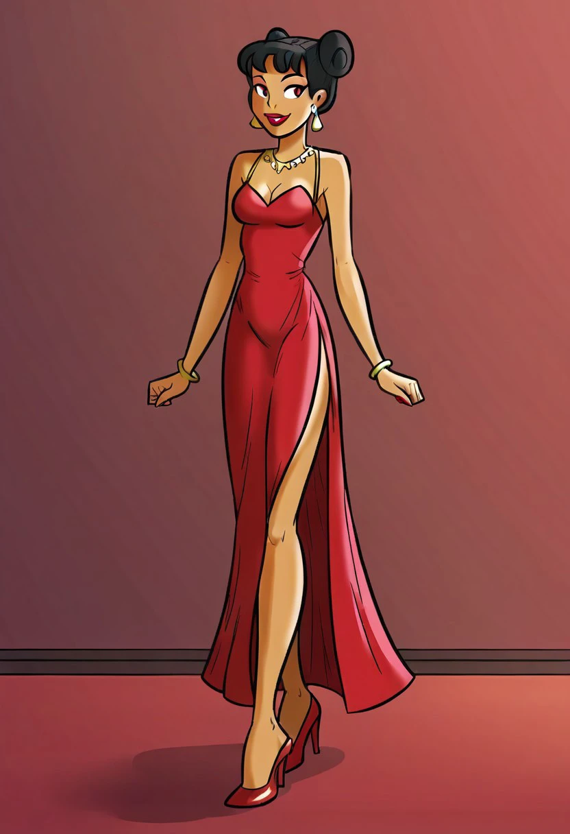 18 year old girl ash ho dressed in an elegant red dress, heels, walking down a red carpet event