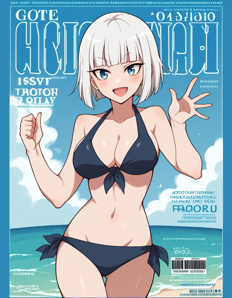 (superflat, flat shading, flat colors:1.1), (magazine cover), , petite, white bra, white panties, from behind, (hands on bottom), smile, girls in background, soft light, bright, colorful, watercolor