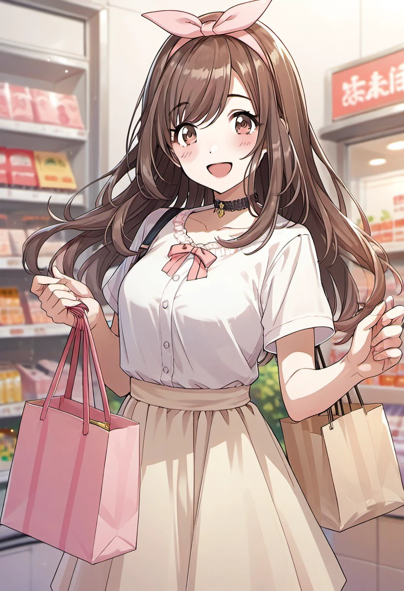 score_9, score_8_up, score_7_up, source_anime,tsukioka kogane, long hair, brown hair, brown eyes, 1girl, solo, smile, skirt, open mouth, shirt, bag, bow hairband, choker, blush, looking at viewer,short sleeves, shopping bag