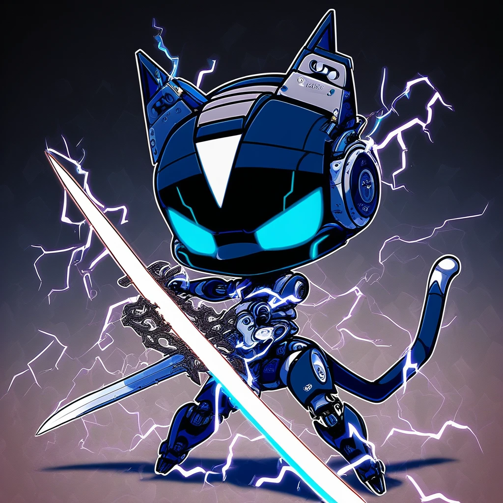 3rthch1b1, weapon, sword, holding, holding weapon, solo, holding sword, electricity, glowing, chibi, tail, robot, blue eyes, no humans, animal ears, furry, 1boy