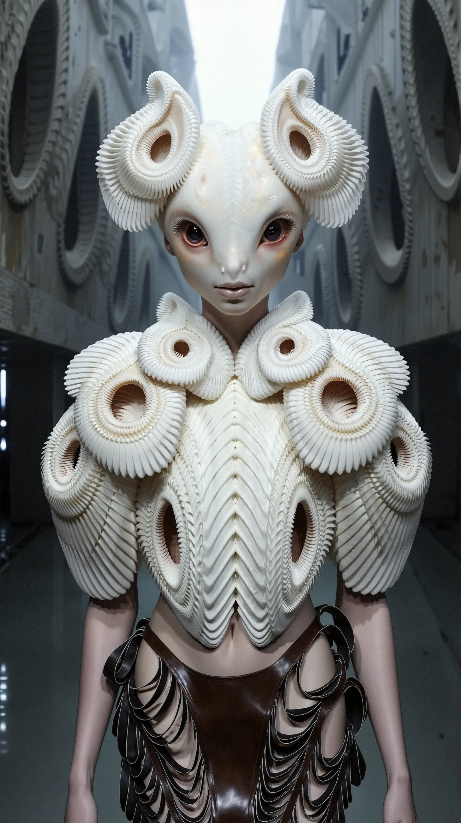 The alien figure stands tall, commanding attention with its otherworldly, yet elegant appearance. Its skin is a smooth, porcelain-like white, with a subtle pearlescent sheen that reflects the soft, ambient light. Faint freckles, almost copper in color, are scattered across its high cheekbones and bridge of the nose, adding an unexpected touch of organic life to its otherwise synthetic and immaculate appearance. The alien’s eyes are large, almond-shaped, and intensely dark, reflecting a deep intelligence and a mysterious, almost serene presence. The eyes are slightly reflective, giving the impression of heightened perception or advanced cognitive abilities.

The facial structure is delicate and refined, with sharp cheekbones, a slender nose, and full, pale lips that are almost devoid of color. Thin lines of intricate, metallic-like markings trace the surface of its face, following the natural contours of its bone structure, perhaps hinting at advanced bio-engineering or technological augmentation. These subtle engravings shimmer slightly, suggesting an integrated connection between the alien’s biological form and an advanced technology embedded within its body.

Its neck is long and slender, seamlessly transitioning into an elegant, exoskeleton-like armor that blends form and function. The armor is similar to the one worn by a high-fashion model, but here, it appears almost like a part of the alien’s body, as if grown rather than crafted.

Wearing the Avant-Garde Outfit:

The alien is adorned in the same avant-garde, sculptural outfit, but on its figure, the clothes take on an almost biomechanical quality, appearing like an extension of its own form. The white, pleated top clings perfectly to its slender torso, with the ribbed, shell-like structures wrapping around its shoulders and upper arms. The intricate design, with its cutouts and layered pleats, enhances the alien's elongated and graceful physique. The armor-like shoulders, made of circular ridges, seem to meld with the alien's naturally pale skin, creating the impression that this garment was not merely worn but grown from the alien’s body. The ridged textures ripple with movement, adding an organic quality to the otherwise structured garment.

The skirt, made of swirling brown leather, clings to the alien’s narrow waist and hips, its flowing, ribbon-like layers creating a sense of movement even in stillness. The reflective sheen of the brown leather contrasts beautifully against the alien's stark white skin, emphasizing its athletic yet graceful frame. The open slits in the skirt reveal glimpses of its pale legs, but instead of purely human-like skin, these sections expose faint, metallic-like filaments embedded beneath the surface, reinforcing the idea that this being is a perfect hybrid of the organic and the mechanical.

Background:

The alien is placed in the same futuristic, industrial landscape as before, standing within the towering concrete walls of a dystopian sci-fi structure. The dark, angular architecture of the environment emphasizes the alien’s ethereal elegance. The harsh, metallic surroundings further contrast with the softness of the alien's porcelain skin and the intricate design of the avant-garde fashion it wears.

Soft, diffused light streams in from high above, casting long shadows and illuminating the intricate details of both the alien’s form and the organic-meets-sculptural outfit. The interplay of light and shadow on the alien's biomechanical skin and the reflective leather of the skirt adds depth to the scene, while the towering architecture behind it emphasizes the alien's stature and uniqueness in this otherworldly yet familiar space.

The alien seems to blend into this world, as if it belongs here, in a future where high fashion and advanced technology merge into one. Its intelligent, calm expression adds a sense of serenity to the dramatic setting, making it seem not only a creature of power but also of grace and wisdom, perfectly suited for a sci-fi narrative where art, fashion, and evolution have fused together into a breathtaking vision of the future.