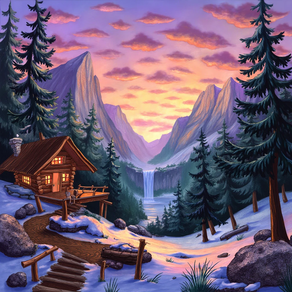 The image is a vibrant, whimsical digital illustration depicting a cozy mountain retreat. The foreground features a wooden cabin nestled among towering, snow-capped mountains, its log walls blending seamlessly with the natural surroundings. The cabin's stone chimney emits a thin trail of smoke, suggesting a warm fire inside. A wooden deck extends from the cabin, offering a panoramic view of the valley below, where a dense forest of pine trees stretches toward the horizon. The forest is detailed with individual needles and branches, adding texture and depth to the scene. In the background, a frozen waterfall cascades down a rocky cliff, its icy surface glistening in the soft, golden light of the setting sun. The waterfall's reflective surface mirrors the vibrant colors of the sunset, creating a stunning visual effect. The sky above is a gradient of warm oranges and purples, filled with fluffy, pink clouds, suggesting a peaceful, winter evening. The overall scene is rich in color and texture, blending elements of nature with a touch of cozy warmth and whimsy.