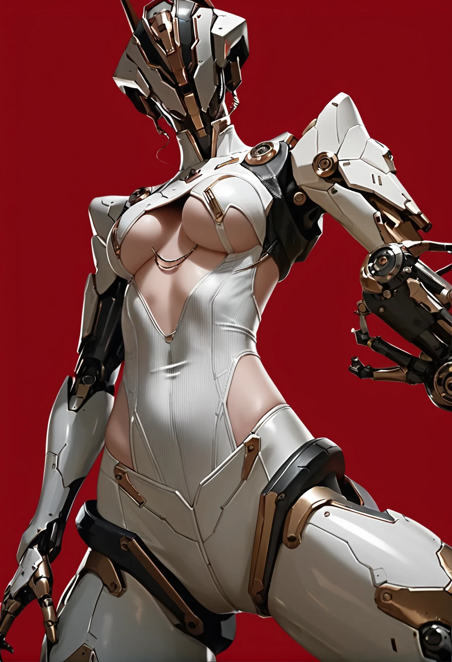 1girl,red background,,ruanyi1027,white  bodysuit,mechanical arms,mechanical legs,no humans,underboob,<lora:1027 TheFirstDescendant Clothing_v1_pony:1>, score_9,score_8_up,score_7_up,,8k,1girl,solo,,