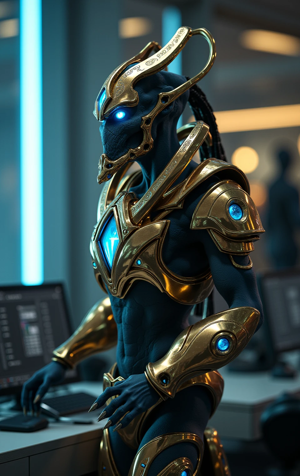 protosszealot,photo of an alien of protoss is working in office