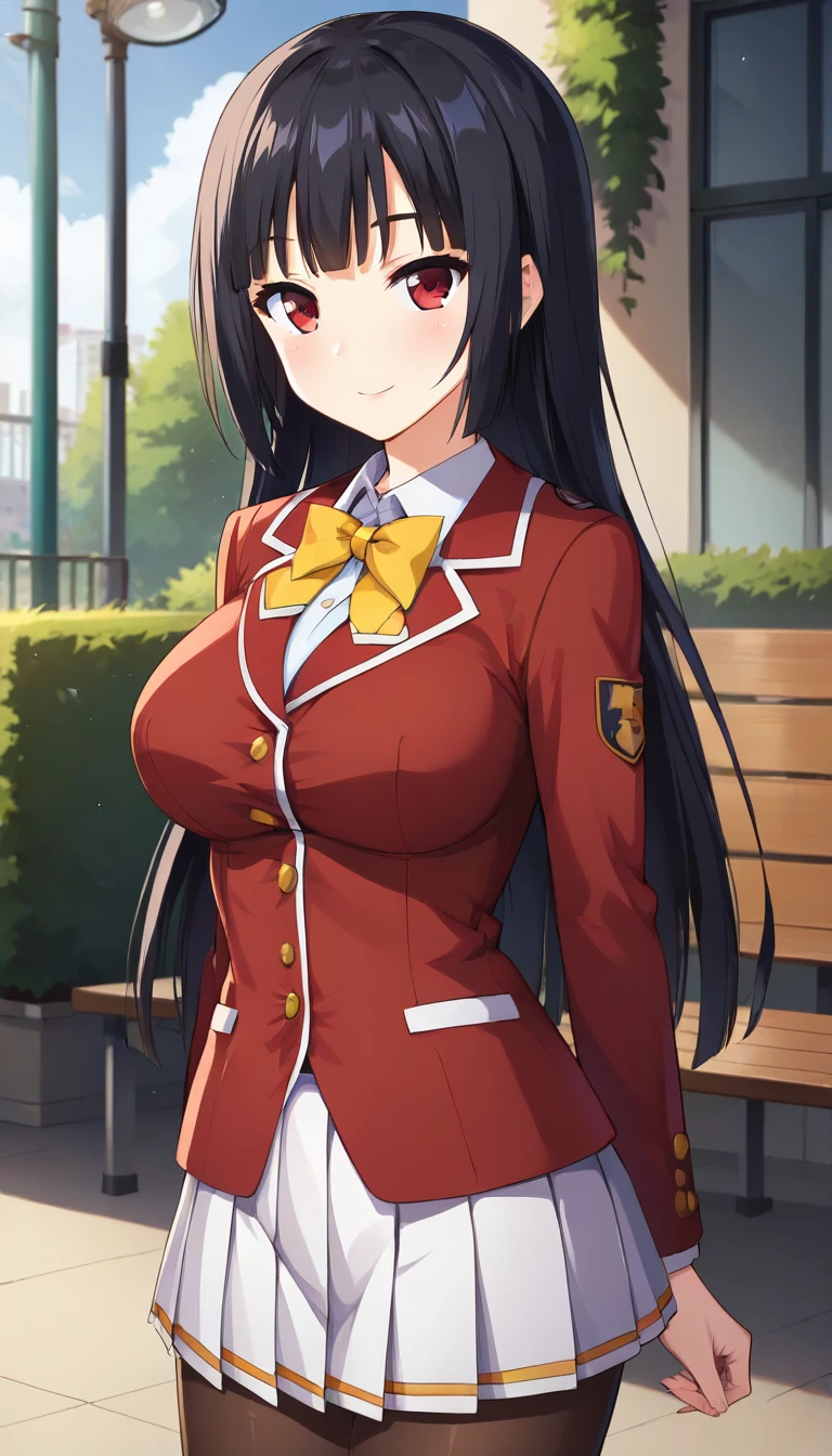 score_9,score_8_up,score_7_up,score_6_up BREAK official art,solo,outdoors,cowboy shot,looking at viewer,facing viewer,smile,blush,Mikami Yuka,black hair,long hair,hime cut,sidelocks,blunt bangs,red eyes,school uniform,red jacket,blazer,yellow bowtie,collared shirt,white shirt,long sleeves,large breasts,microskirt,pleated skirt,white skirt,brown pantyhose,loafers,<lora:Mikami Yuka(oc)-Pony:1.4>,