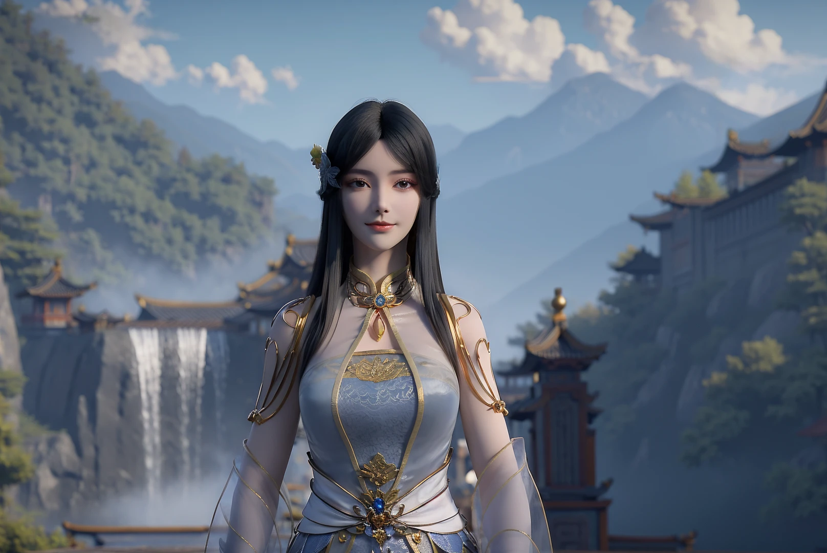 1girl,solo,long hair,black hair,hair ornament,hair flower,brown eyes,light smile,dress,looking looking at viewer,outdoors,nature,sunset,cloud,large tribal scenery in ancient china,qianhu miao village,jiuzhaigou,scenery,cowboy shot,3d,Highly detailed,(ultra-detailed),(best quality,masterpiece:1.5),<lora:liufei:0.7>,