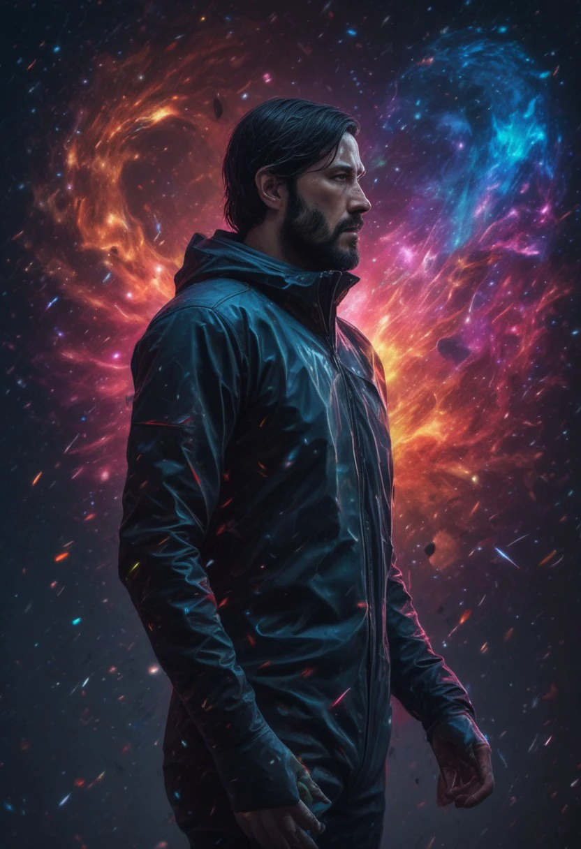 John Wick in a spacesuit. very dramatic lighting, behind him is a universe of love. hearts, rainbows.