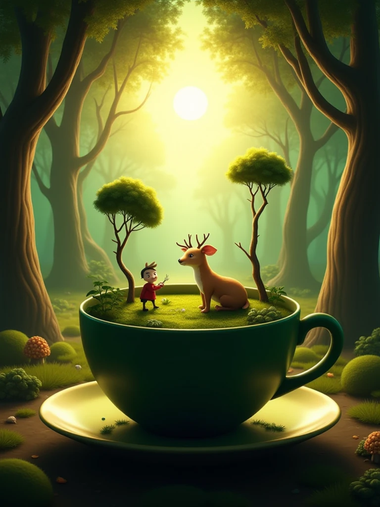 forest zoo in cup,dreamlike,sun,glowing,