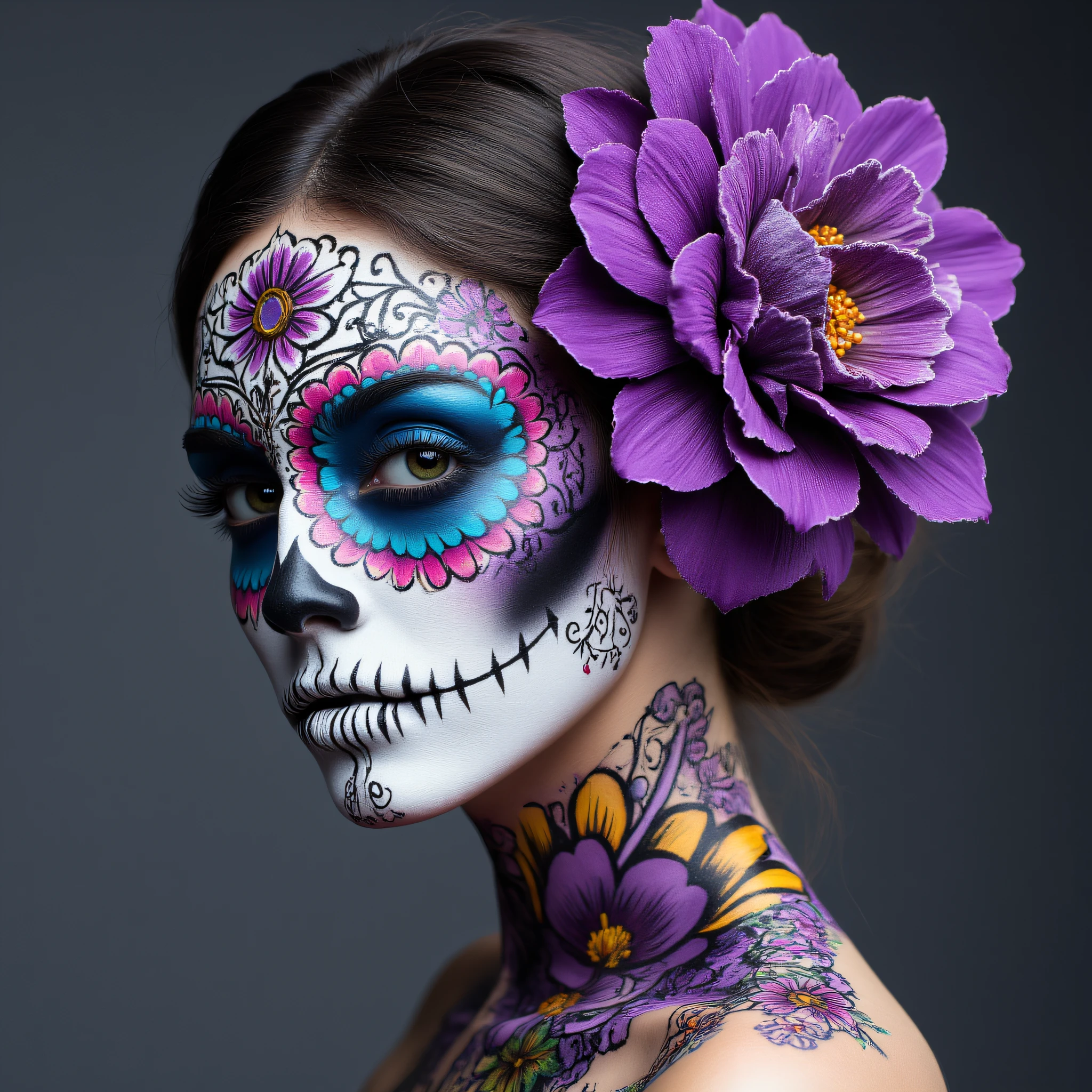 ArsMJStyle, Vibrant Calavera, The image is a close-up portrait of a woman's face and upper body. She is wearing a colorful and intricate sugar skull makeup with intricate patterns and designs on her face and neck. The makeup is predominantly white with a mix of pink blue and yellow colors. The skull is painted in a traditional Day of the Dead style with bold lines and bright colors. The woman's hair is styled in a high bun with a large purple flower on top. The flower is made up of multiple layers of purple and yellow flowers with gold accents. The background is a dark grey making the colors of the makeup stand out even more. The overall effect is a striking and striking look that is reminiscent of the traditional sugar skull art., flower, solo, 1girl, purple flower, hair ornament, hair flower, grey background, makeup, portrait, simple background