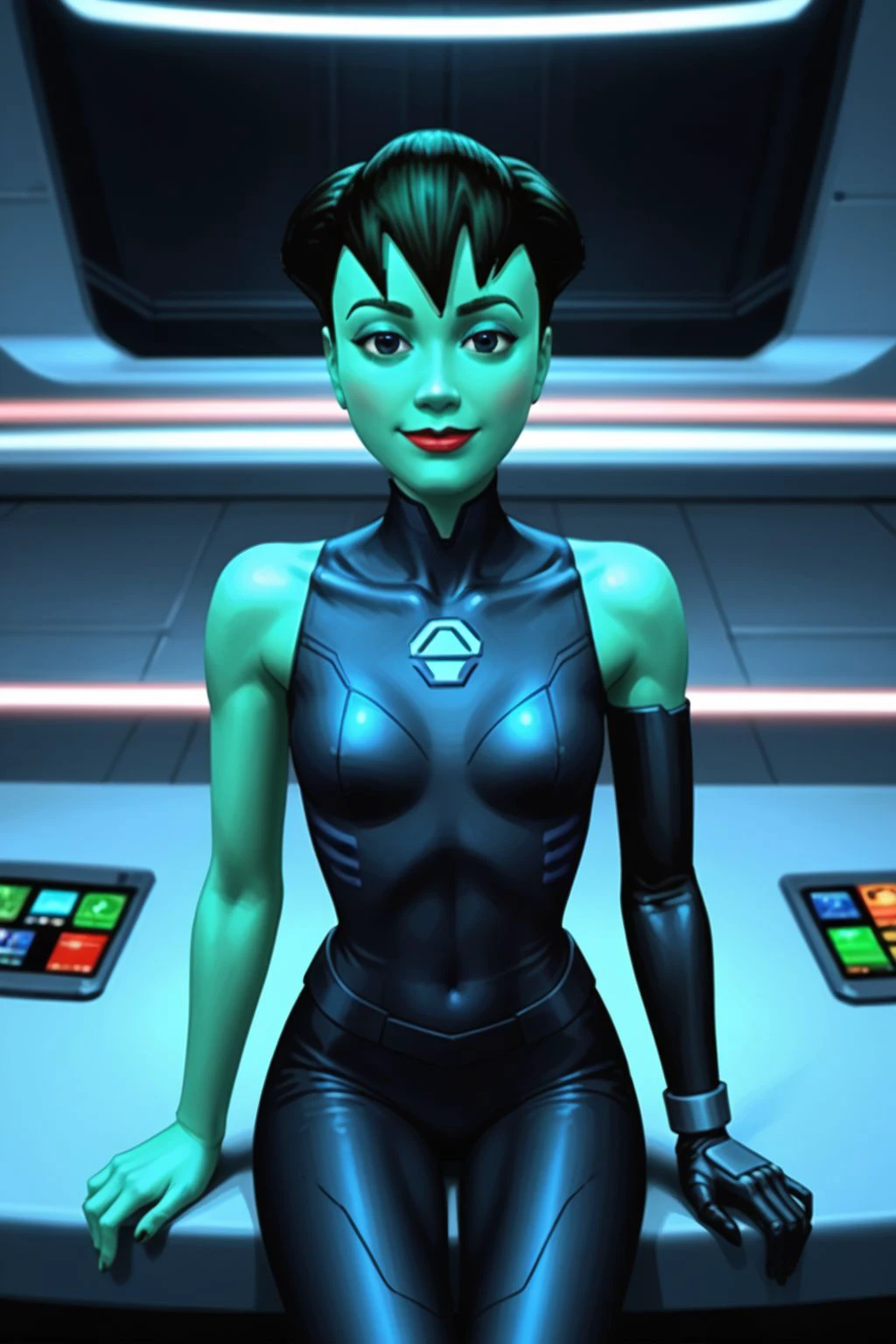 score_9, score_8_up, score_7_up, ((rating_explicit, nsfw)), masterpiece, high quality, highres RAW photo, 
solo, pixelreboot, 1girl, ((beautiful, cute)), black hair, short hair, ((alien, colored skin: 1.8, green skin: 1.8)), lipstick, black full body suit, black thighhigh boots, black leggings, sleeveless, <lora:DotMatrixReBoot_Pony_v2:0.65>
(slender body, petite:1.2), tiny waist, sexy, eye contact, sensual, seductive look, sensual, seductive look, happy, smile, smiling, (sexy pose, sitting, seated)
((futuristic science fiction)) , in a science fiction strip club, indoors