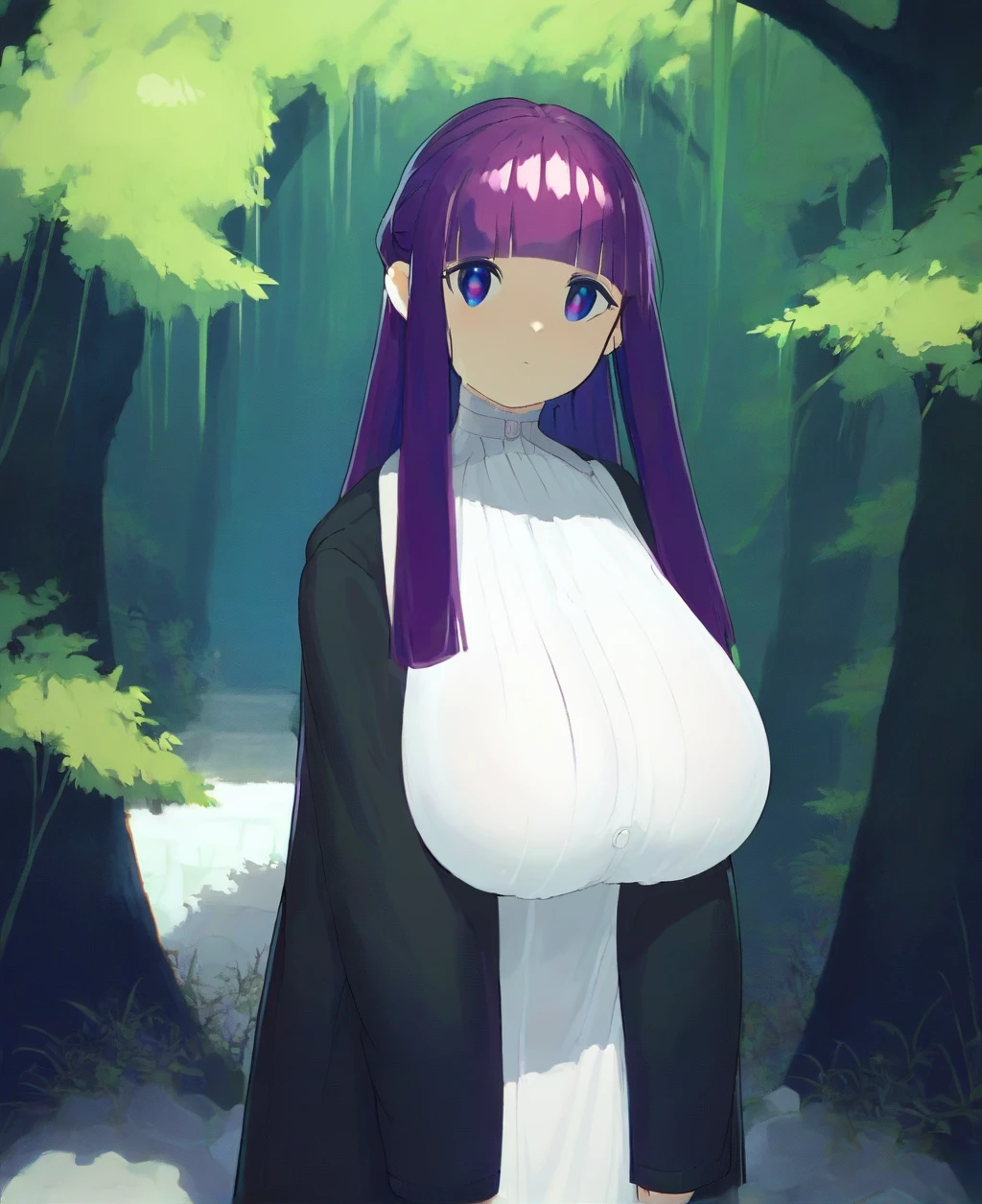 ((witch woman, ((buxa cloak)),((gigantic breasts, naked breasts, naked pussy, erect breasts, grabbing breasts)),((purple hair)),((pink eyes, with round glasses, face of shame)),((standing, in a haunted forest, at night)),((1 arm behind the back)),