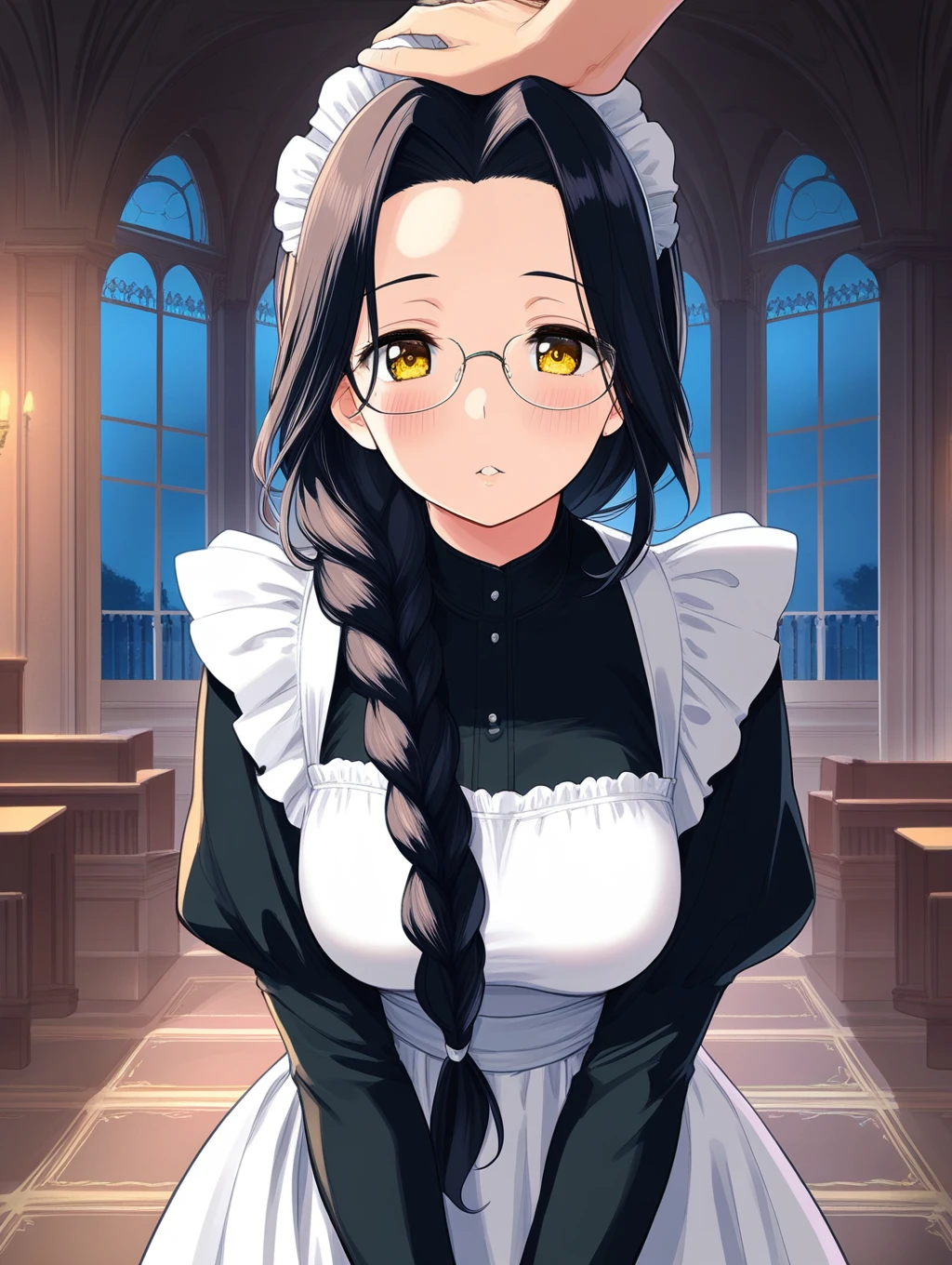 masterpiece, best quality, high resolution, absurdres,
uncensored, 
1girl, solo, 
yellow eyes, long braided ponytail, black hair, bare forehead, forehead, clear forehead, hair intakes, medium breasts, make up, parted lips, mature female, blush,
maid, black dress, maid headdress, white apron, frills, glasses,
Indoors, looking at viewer, mansion, straight-on, male pov, night, headpat, close-up, upper body,