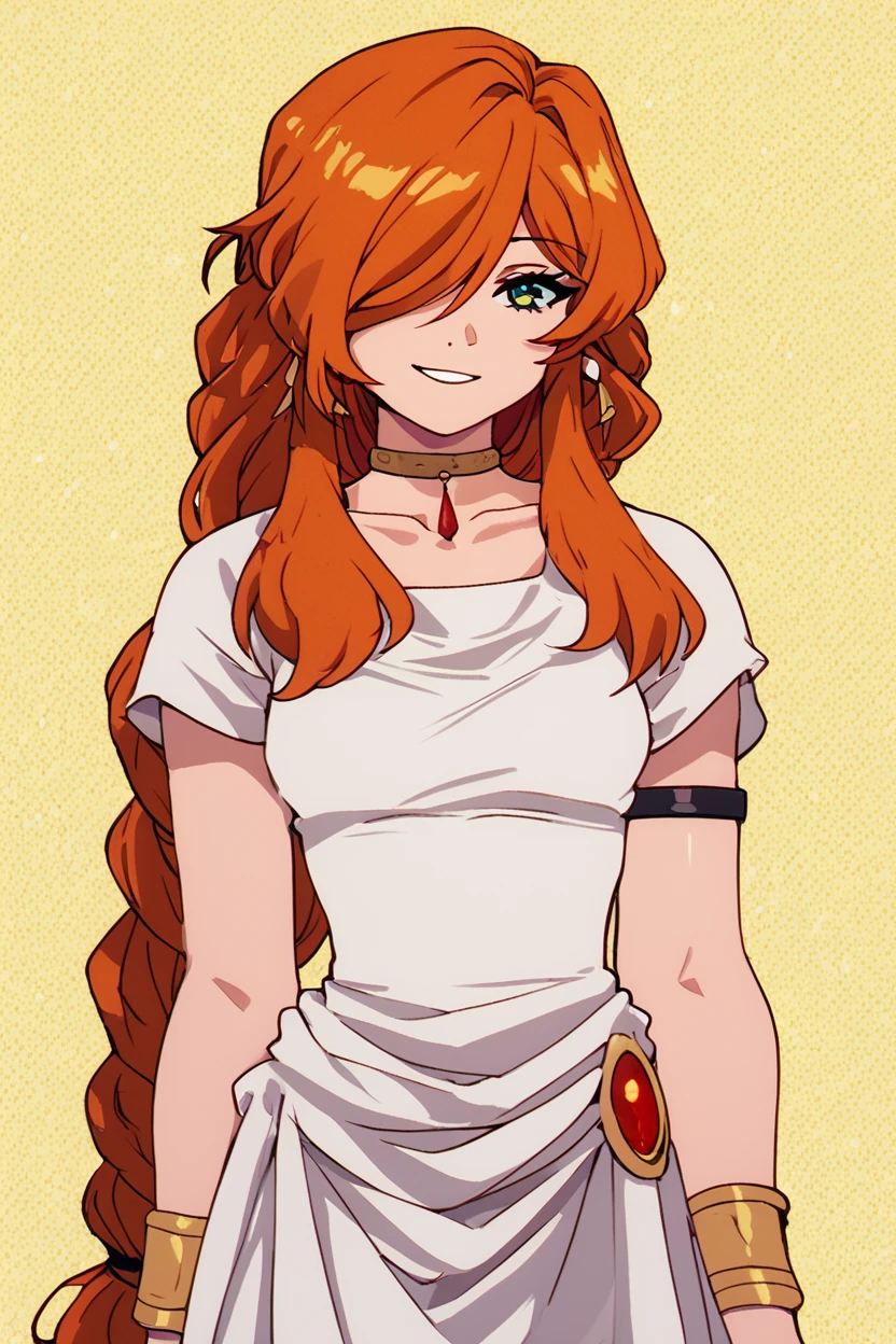 score_9, score_8_up, score_8, medium breasts, (curvy), cute, eyelashes,       BREAK, , zzFlamme, long hair, green eyes, brown hair, orange hair, hair over one eye, earrings, braid, collarbone, armlet, white dress, short sleeves, bracelet, choker, red hair <lora:FlammeFrieren_PDXL_v1:0.8>, BREAK, smile, looking at viewer, cowboy shot, ,,, embedding:zPDXL, Expressiveh, ,,, <lora:Zankuro_Style_PDXL:0.8> <lora:SDXLFaeTastic2400:0.5>, <lora:Expressive_H-000001:0.4>,