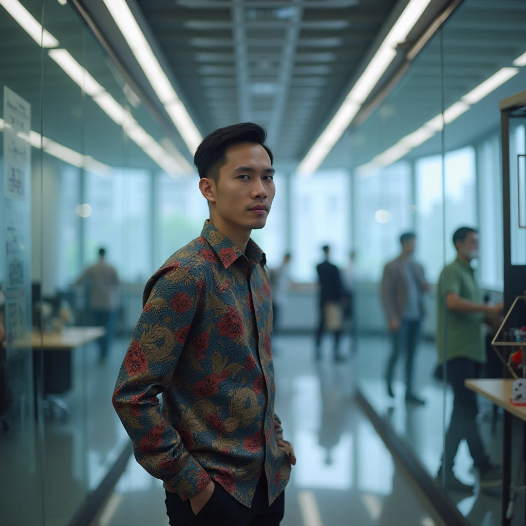 batikindo indonesian man, inside futuristic office background, standing