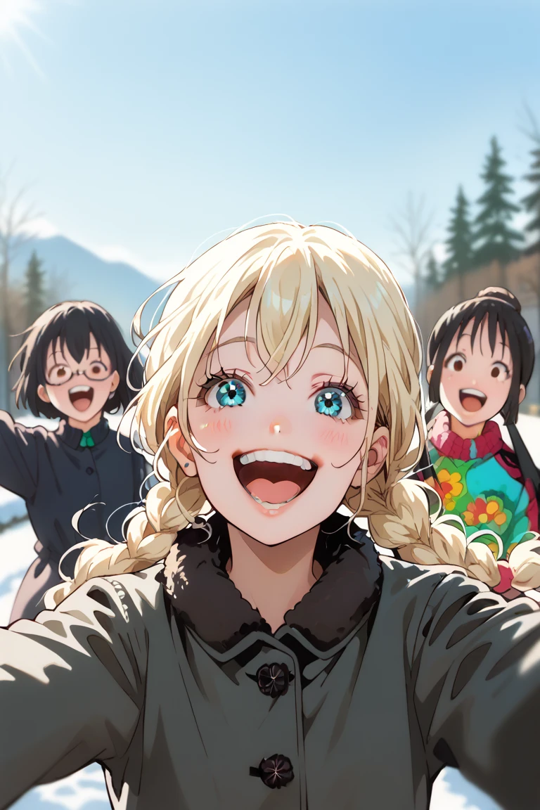 score_9, score_8_up, score_7_up, source_anime, rating_safe, day, natural lighting, triad focus, selfie, AsobiAsobase, KasumiAA, black_Kasumi_short hair, smiling, 1stgirl, OliviaAA, blonde_Olivia_woman hair, teeth, 2ndgirl, HanakoAA, black_Hanako_female hair, open mouth, 3rdgirl, happy, 3girls, winter clothes, intricately detailed illustration, blurry outdoors, depth of field, atmospheric perspective