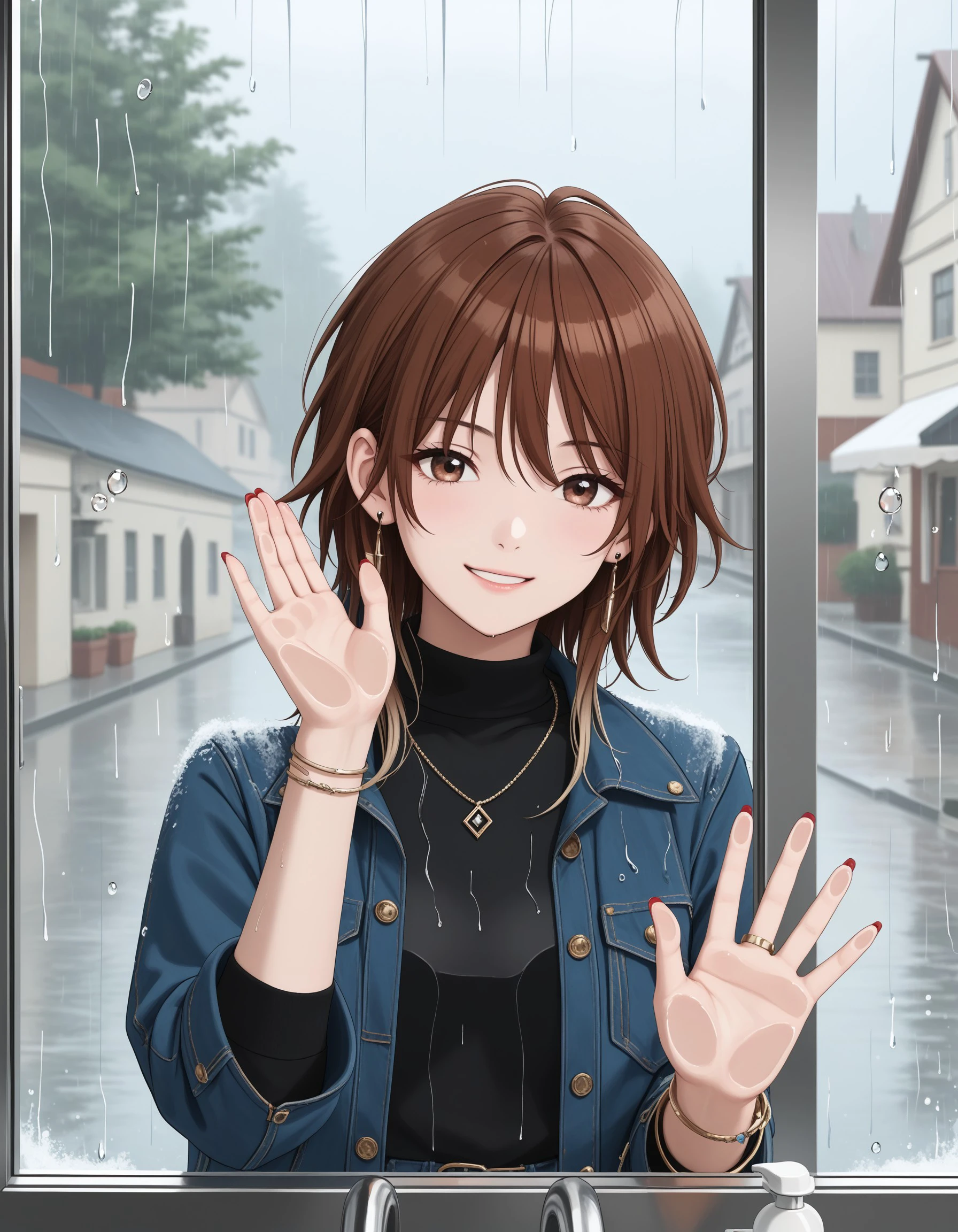 (masterpiece), best quality, expressive eyes, perfect face, mikoto_a, smile, jewelry, jacket, upper body, earrings, necklace, nail polish, blurry, bracelet, sweater, window, turtleneck, light smile, blue jacket, red nails, rain, blurry foreground, water drop, against glass, denim jacket, from outside, looking outside, <lora:a58935a3-cff9-45f9-bf93-79ed7ce8f038:0.7>