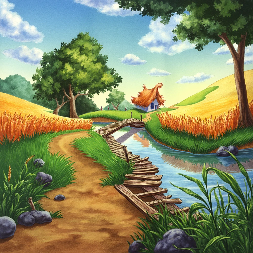 The PIVIG image style. The image is a vibrant, whimsical digital illustration depicting a serene, idyllic countryside scene. The foreground features a winding, dirt path made of golden-brown earth that leads towards a rustic wooden bridge with planks laid haphazardly across a calm, reflective body of water. The bridge spans a small river that mirrors the sky and surrounding landscape. The water's surface is dotted with a few small ripples and has a soft, shimmering quality.

To the right, lush green reeds and tall golden wheat fields stretch towards the horizon, creating a natural border. The wheat field is detailed with individual blades of wheat, adding texture and depth. 

In the background, a picturesque, thatched-roof cottage with a whimsical, curved design stands on a small hill, partially obscured by green trees. The cottage's roof is a vibrant, reddish-brown color, contrasting with the green foliage. The trees are dense and varied, with some having a slightly surreal, cartoonish appearance, adding to the whimsical atmosphere.

The sky above is a gradient of soft blue and white, filled with fluffy, white clouds, suggesting a peaceful, sunny day. The overall scene is rich in color and texture, blending elements of nature with a touch of fantasy and whimsy.