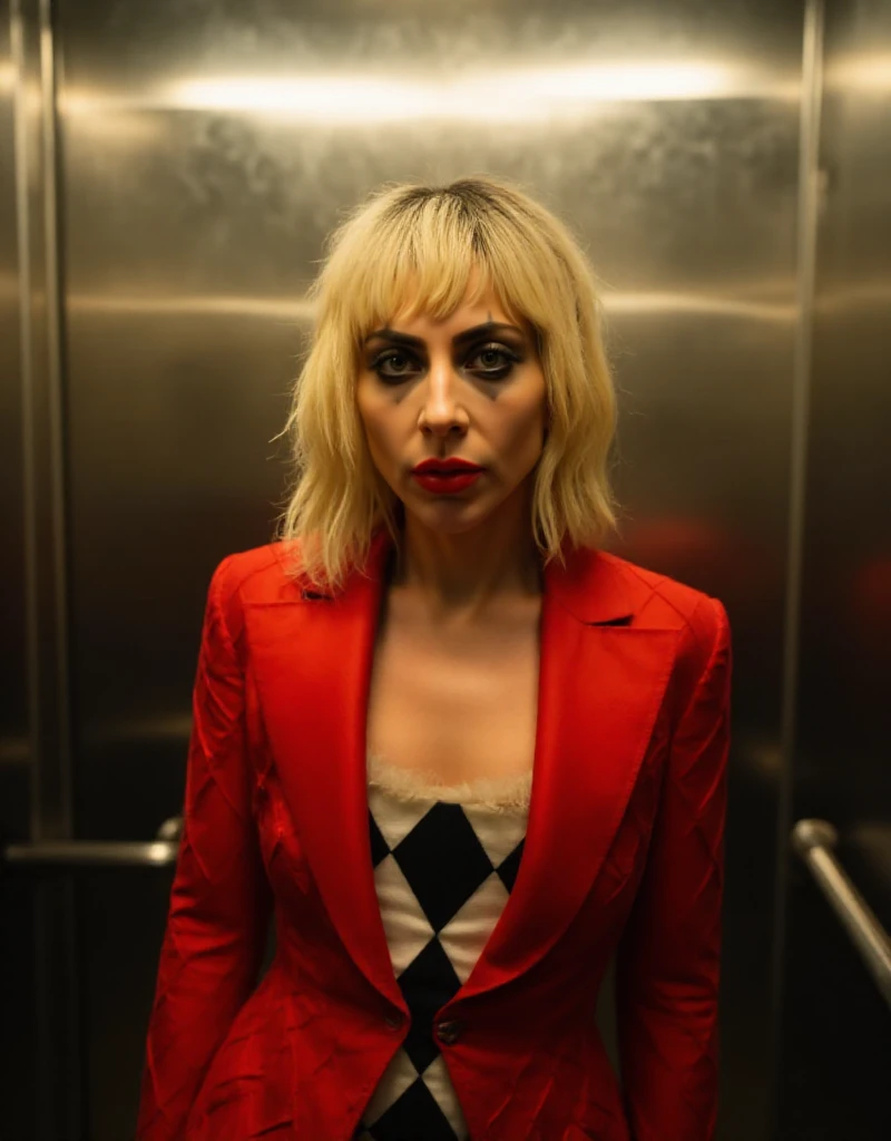 full body view of Quinn is a blonde woman with makeup and red lips, red jacket, she is in a lift  <lora:Quinn:0.9>