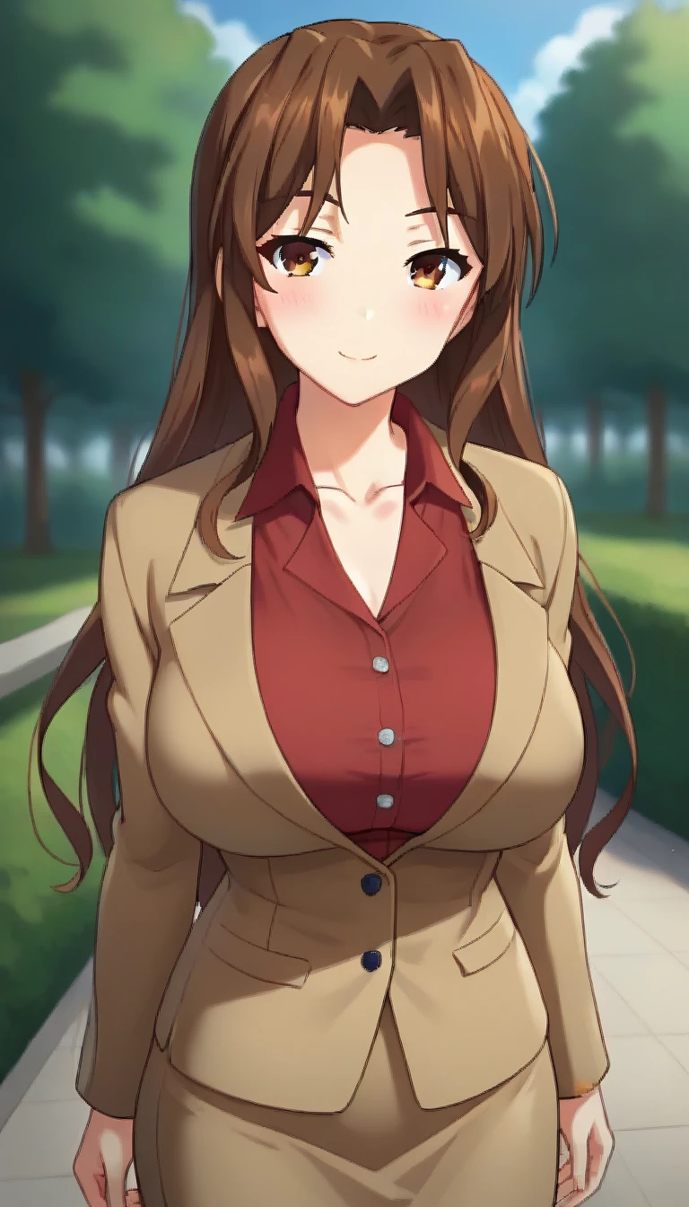 score_9,score_8_up,score_7_up,score_6_up BREAK official art,solo,outdoors,upper body,(portrait:1.5),looking at viewer,facing viewer,smile,blush,Akitsuki Kayoko,brown hair,long hair,sidelocks,parted bangs,brown eyes,collarbone,brown jacket,blazer,red shirt,wing collar,large breasts,long sleeves,skindentation,brown skirt,long skirt,pencil skirt,brown pantyhose,high heels,<lora:Akitsuki Kayoko(oc)-Pony:1.4>,