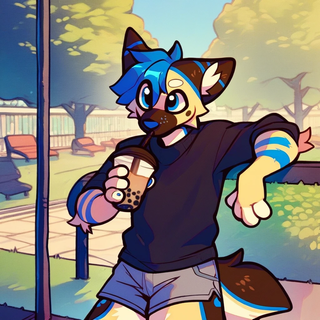 score_9_up, score_8_up, score_7_up, source_furry, mikus-sona, blue eyes, blue hair, cream fur, furry, 1boy, solo, park, holding, bubble tea, black sweater, gray shorts