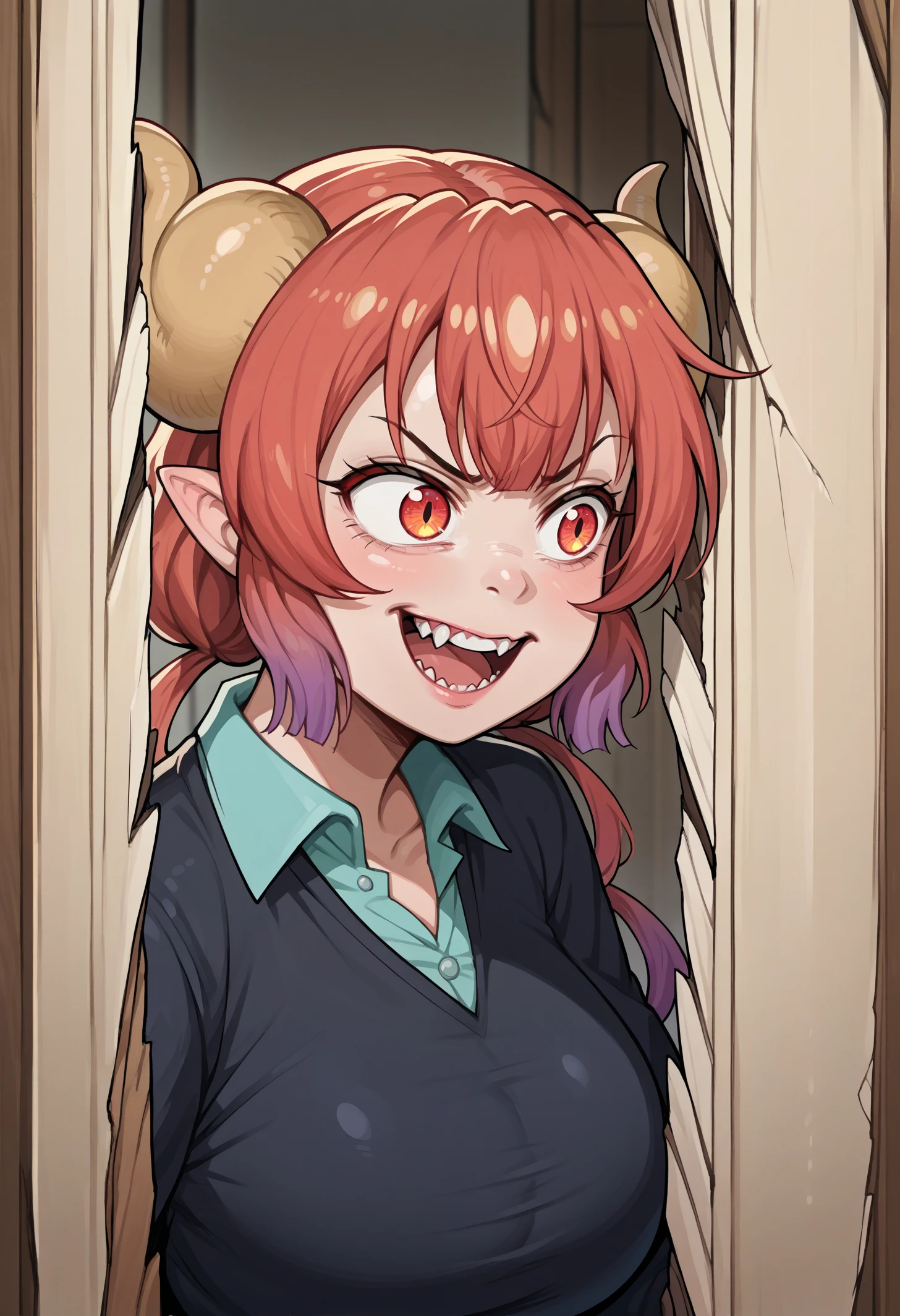 score_9, score_8_up,score_7_up, source_anime, 1girl, solo, hrsjhy,  open mouth, clenched teeth, evil grin, broken door, door, looking to the side, portrait, 
ilulu \(maidragon\) ,  dragon horns, red hair,  gradient hair, big breasts,
<lora:hrsjhy_pdxl_EliPot:1>