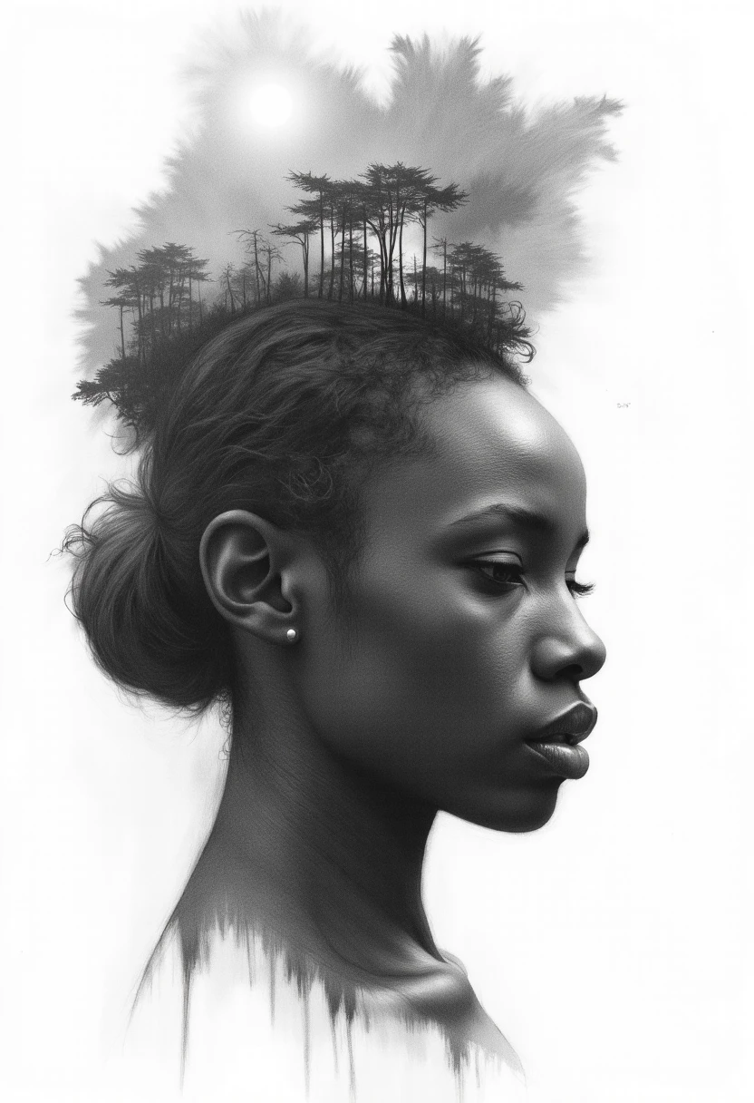 Charcoal drawing, graphite drawing, white background, bright rich colors, dark or moody setting, sense of depth and intrigue, film, sketch, Digital art, Futuristic creature, Julibria, Adventure, Double exposure, Beautiful woman, African landscape symbolizing the timeless connection between the past and the future. bright colors. bright colors, masterpiece, best quality, photorealistic, ultra-high resolution, photographic light, illustration, fairy tale, super detailed, art Andrey Atroshenko, Tanya Shatseva, Ross Tran, Anna Razumovskaya