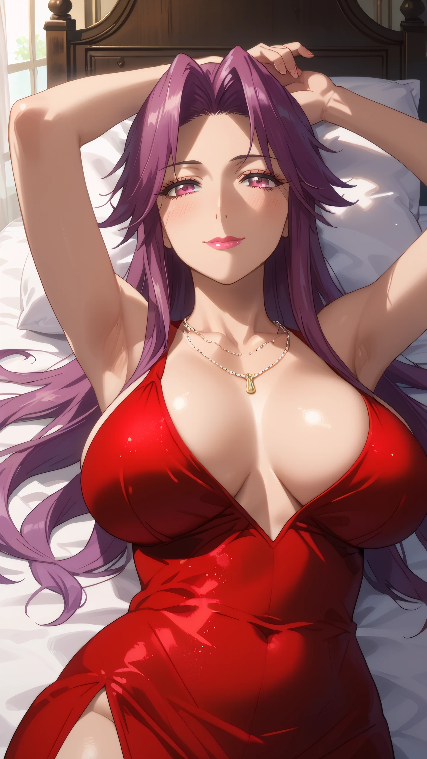 score_9, score_8_up, score_7_up, 1girl, looking at viewer, cowboy shot, 
<lora:Yuriko_Takagi_Dwnsty:0.8>, yuriko_takagi, pink eyes, purple hair, long hair, jewelry, necklace, lipstick, makeup, red dress, bare shoulders, 
mature female, large breasts, skindentation, lips, light smile, blush, naughty face, breasts apart, 
indoors, mansion, bedroom, curtain, on bed, lying, on back, arms up, armpits,