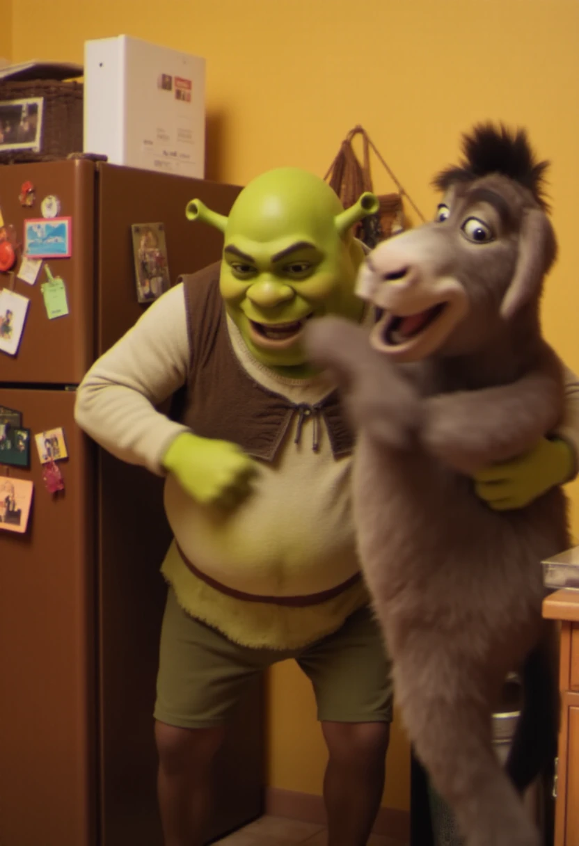 <lora:Too_Many_Cooks_FLUX:1>
The image is a photograph capturing a candid moment in a cozy, domestic kitchen setting. The scene features Shrek and Donkey. They appear to be in a playful, roughhousing interaction, with Shrek playfully grabbing Donkey by the ears.
The background reveals a warm, inviting kitchen. The walls are painted a soft yellow, and there's a large refrigerator to the left, adorned with various colorful magnets, notes, and a small photo collage. The fridge is brown and slightly worn, adding to the homey atmosphere.