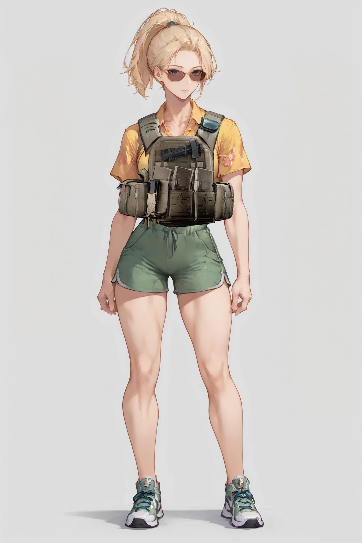 score_9, score_8_up, score_7_up BREAK woman, solo, sports sneakers, cargo shorts, hawaiian shirt, aviator sunglasses, white background, blonde short ponytail, expressionless, standing, platecarrier  <lora:Plate_carrier_test:1>