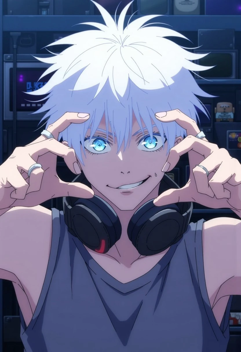 This is a digital illustration in an anime style, featuring a male character with an intense and focused expression. He has an androgynous appearance with pale skin and striking, strikingly bright blue eyes that stand out vividly against his white hair, which is tousled and somewhat messy. The boy's hair is styled in a chaotic, voluminous manner, giving him a youthful, anime aesthetic. His eyes are the primary focal point, with an otherworldly glow, adding a dramatic effect to his gaze. he is captured in a playful, dynamic pose with his hands raised and framing the camera in a cinematic style. he wears silver rings on multiple fingers. he is wearing a gray tank top, and a set of large headphones around his neck. his facial expression is confident and relaxed, with a subtle lip piercing visible. The background features a cyberpunk blue wall of machines, filled with toys, emphasizing a fun, urban, and retro atmosphere. The lighting is dark but focused, casting gentle shadows that enhance the vibrant, energetic mood of the scene.