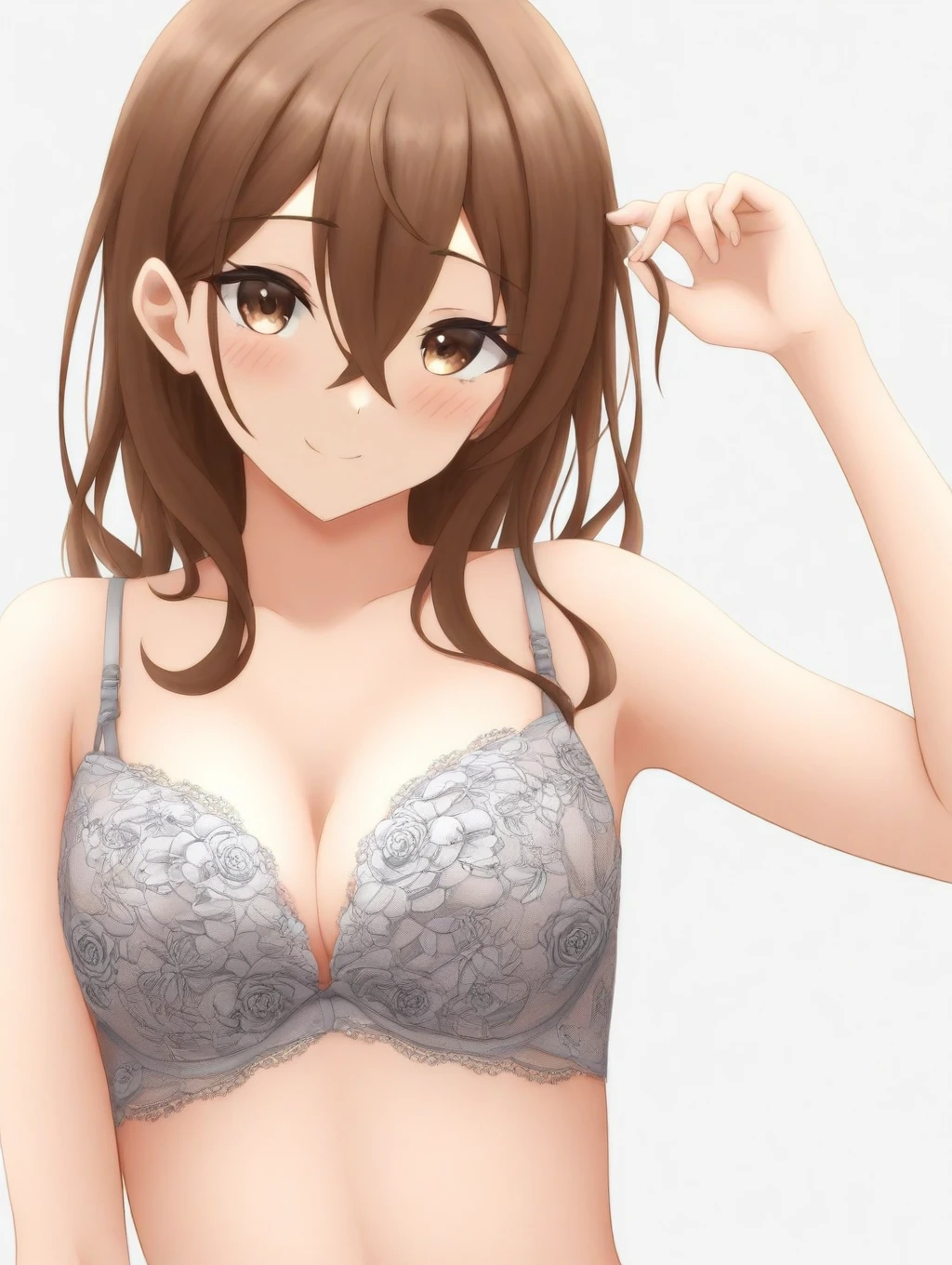 1girl, smile,  blush, bra, lace bra, lace,  silver bra, brasc3, brasc2, , floral print bra , two-tone bra , ,best quality, masterpiece, white background, underwear only, <lora:bra_embellishment_enhancer_illustrious_v03a:1>long hair, brown hair, brown eyes, hair between eyes,