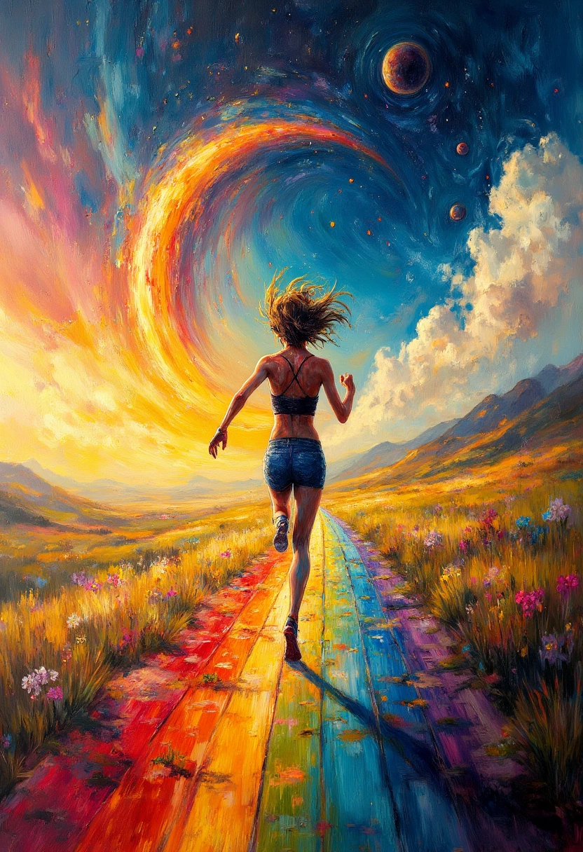 Painterly woman running across a rainbow road through space. Surrealistic detailed painting with vibrant colors and a forced perspective action. Movement. 