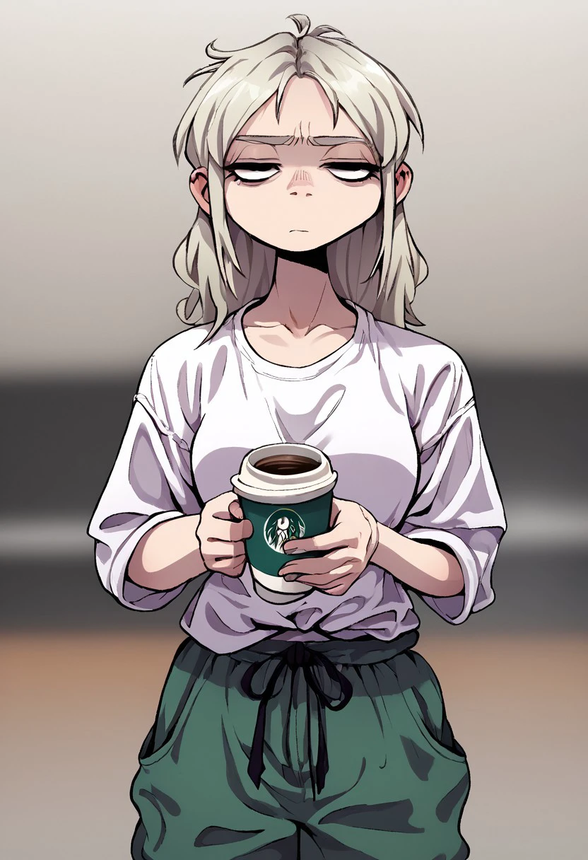 score_9, score_8_up, score_7, coffee cup, female, solo, platinum blonde hair, loose shirt, baggy pants, tired expression, coffee shop, fullbody, by xexeezy