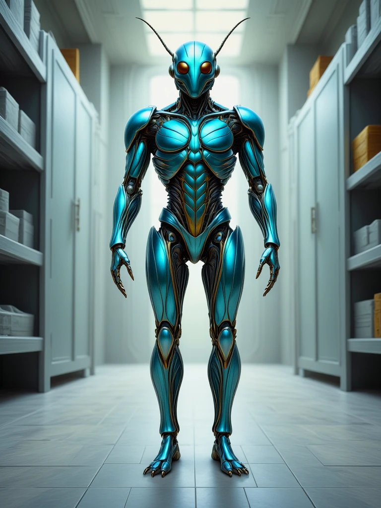 Insectoid humanoid cyborg robot. 

In a laboratory. Shiny, chrome. Standing. Full body view.

insctoidCE style