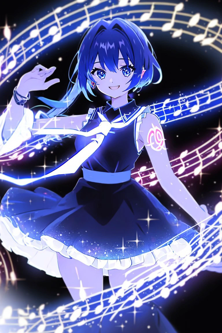 ai-generated encore (meme), blue hair, skirt, zettai ryouiki, sleeveless shirt, smile, tattoo, number tattoo, frills, sleeveless dress, white necktie