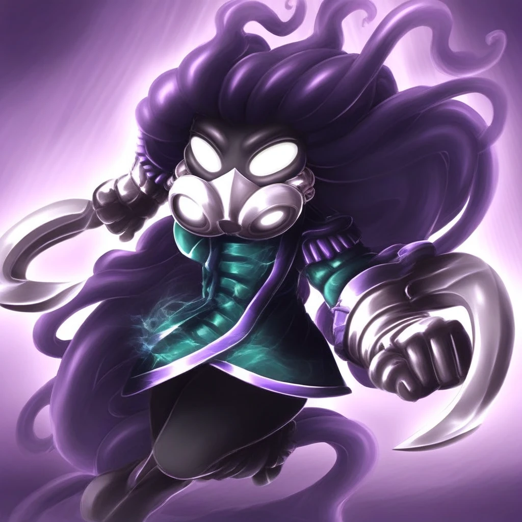 Nightfall (skylanders), black skin, dark purple hair, long hair, tentacle like hair, shiny hair, white eyes, no pupils, metal mask, dark green jacket, military uniform, purple Epaulette, metal Hook wrist gauntlets, female, Glowing eyes, fighting pose,