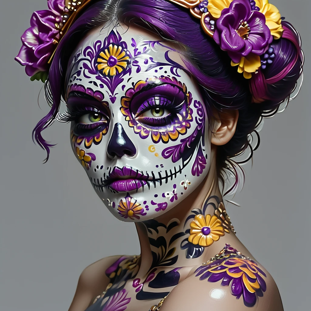 core_9, score_8_up, score_7_up, score_6_up, <lora:Vibrant_CalaveraPony:1> ArsMJStyle, Vibrant Calavera, The image is a close-up portrait of a woman's face and upper body. She is wearing a colorful and intricate sugar skull makeup with intricate patterns and designs on her face and neck. The makeup is predominantly white with a mix of pink blue and yellow colors. The skull is painted in a traditional Day of the Dead style with bold lines and bright colors. The woman's hair is styled in a high bun with a large purple flower on top. The flower is made up of multiple layers of purple and yellow flowers with gold accents. The background is a dark grey making the colors of the makeup stand out even more. The overall effect is a striking and striking look that is reminiscent of the traditional sugar skull art., flower, solo, 1girl, purple flower, hair ornament, hair flower, grey background, makeup, portrait, simple background